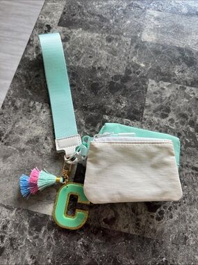C Mint & White Wristlet Coin Pouch with Tassel and Letter Charm
